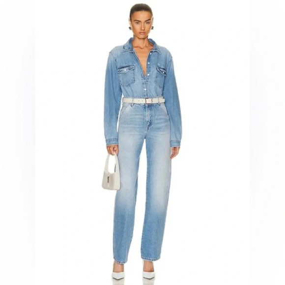 Frame Double Pocket Button Down Shirt Distressed  Denim - Picture 10 of 11